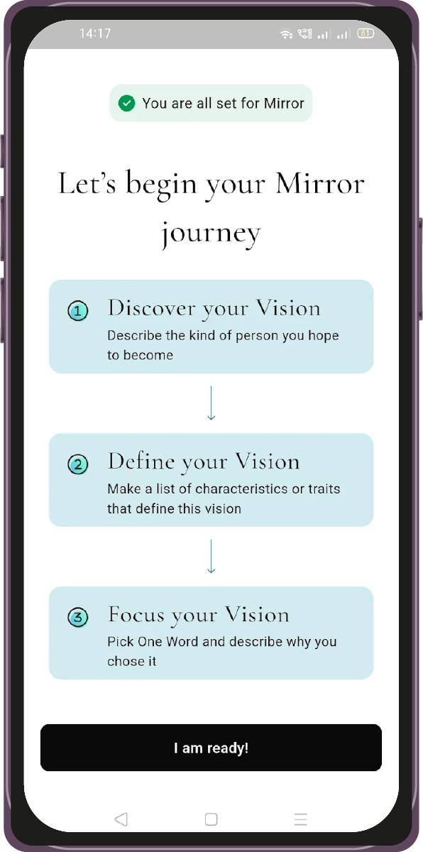 Mirror app onboarding showing the Discover, Define and Focus your Vision steps
